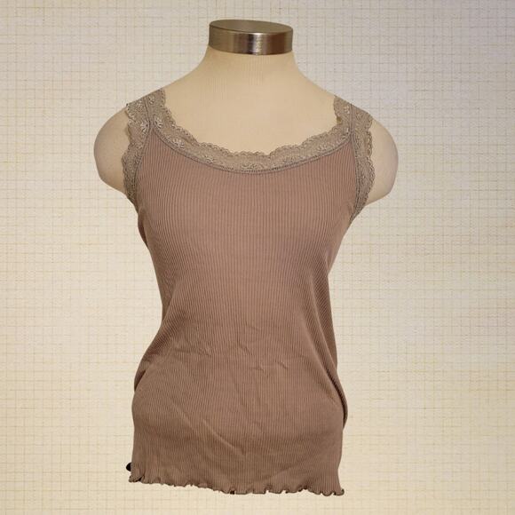 Banana Republic Lace Trim Ribbed Stretch Tank Top Medium Taupe - Picture 1 of 6